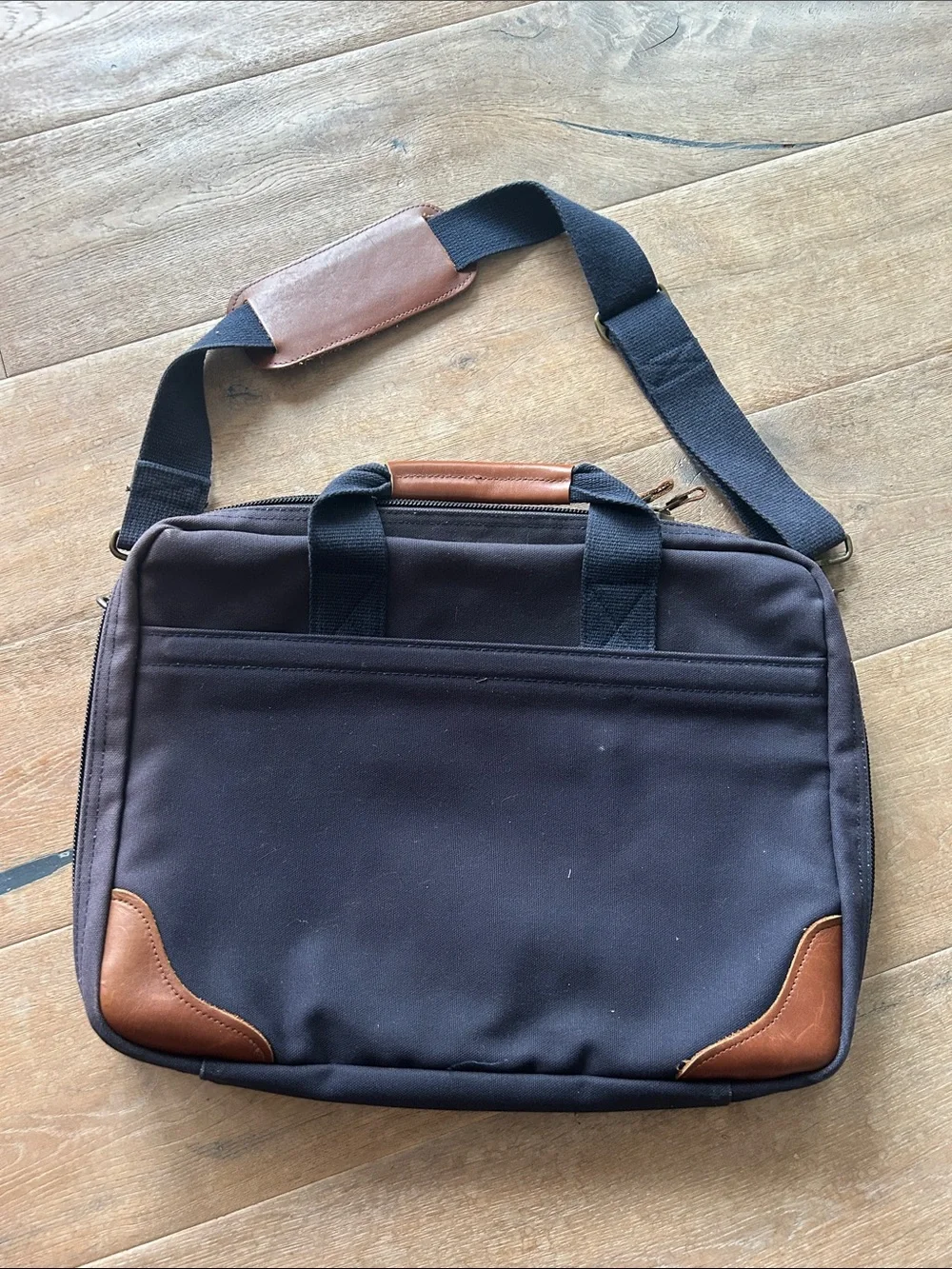 Lands' End Navy and Brown Canvas Laptop Brief with Leather Accents